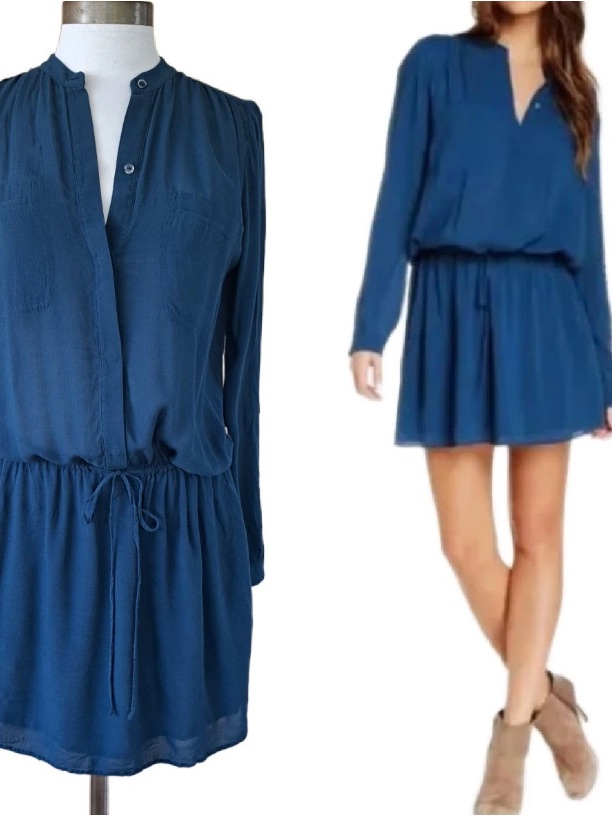 Vince Navy Blue Long-Sleeve Drawstring Mini Dress